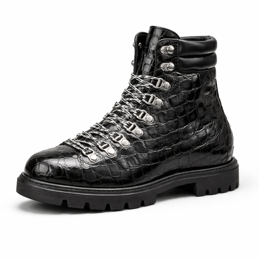 Immortel black leather boots by Kai Cenat VIVET with premium leather texture and lug sole