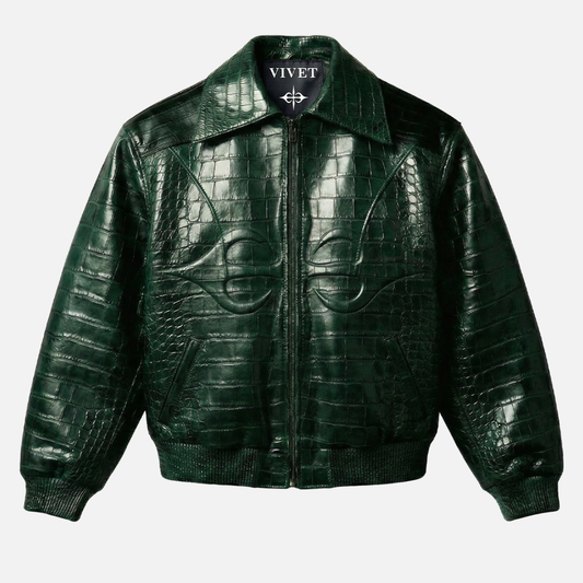 VIVET Croc Leather Bomber in Forest Green by Kai Cenat with crocodile embossed texture