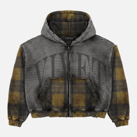 Kai Cenat VIVET Layered Zip Hoodie Ash Yellow with multi-layered construction and thermal fabric blend