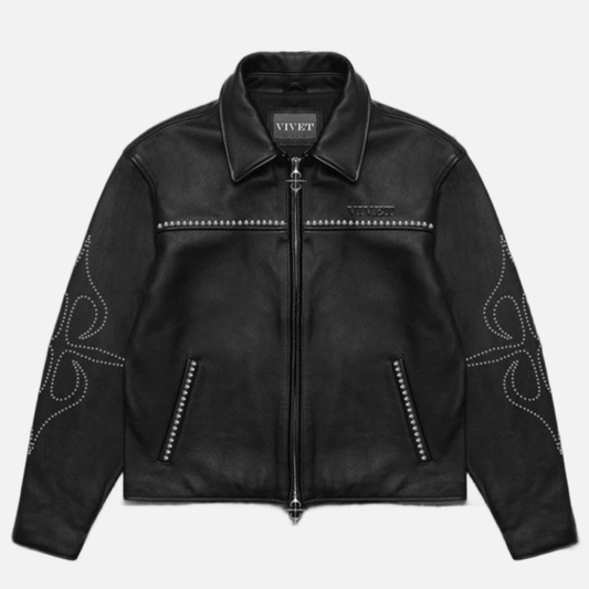 Kai Cenat VIVET Signature Leather Jacket black with studwork embellishments and classic collar design