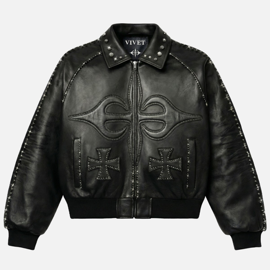 VIVET Cross Leather Jacket in Black by Kai Cenat with studded cross motifs and metal stud embellishments throughout